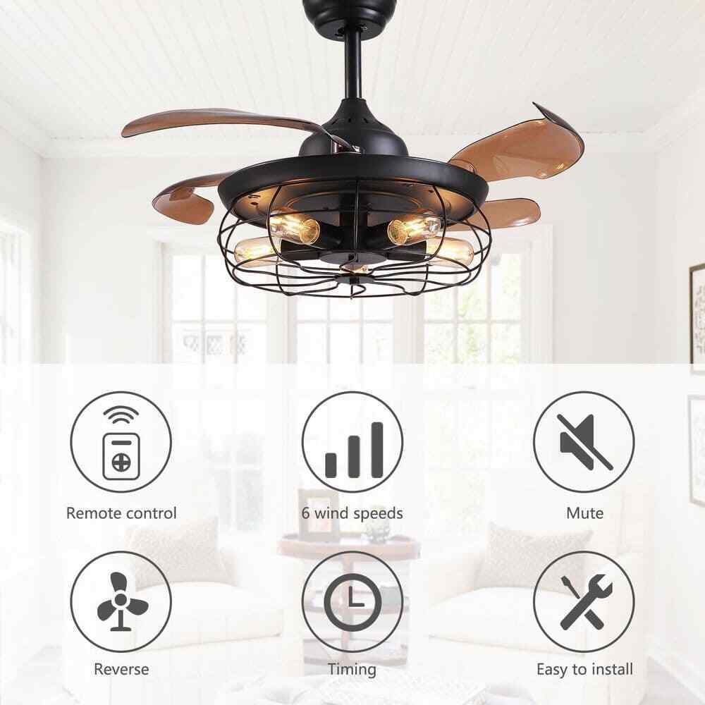 ANTOINE 36 in. Black Ceiling Fan w/ Lights + Remote Retractable Blades Fandelier
