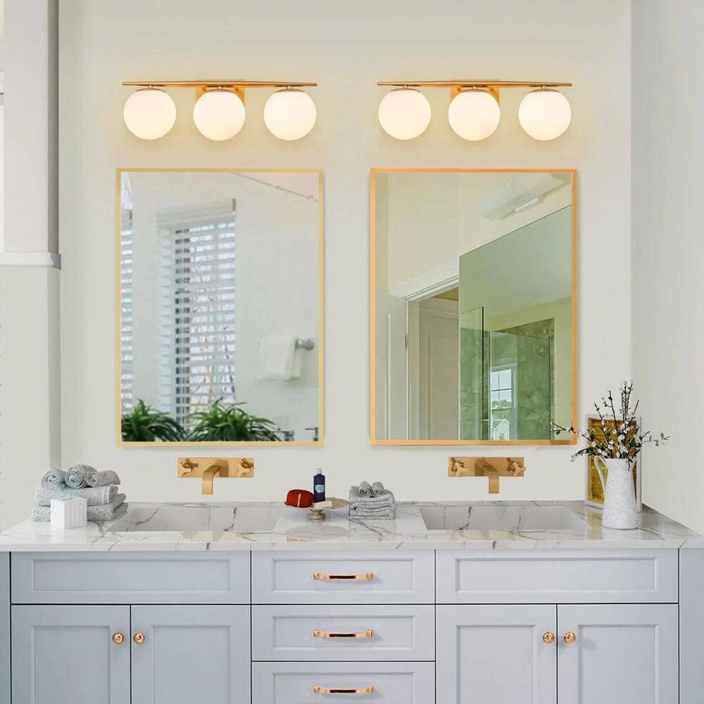 RRTYO Kara 21.97 in. 3-Light Gold Vanity Light with Milky White Glass Ball Shade