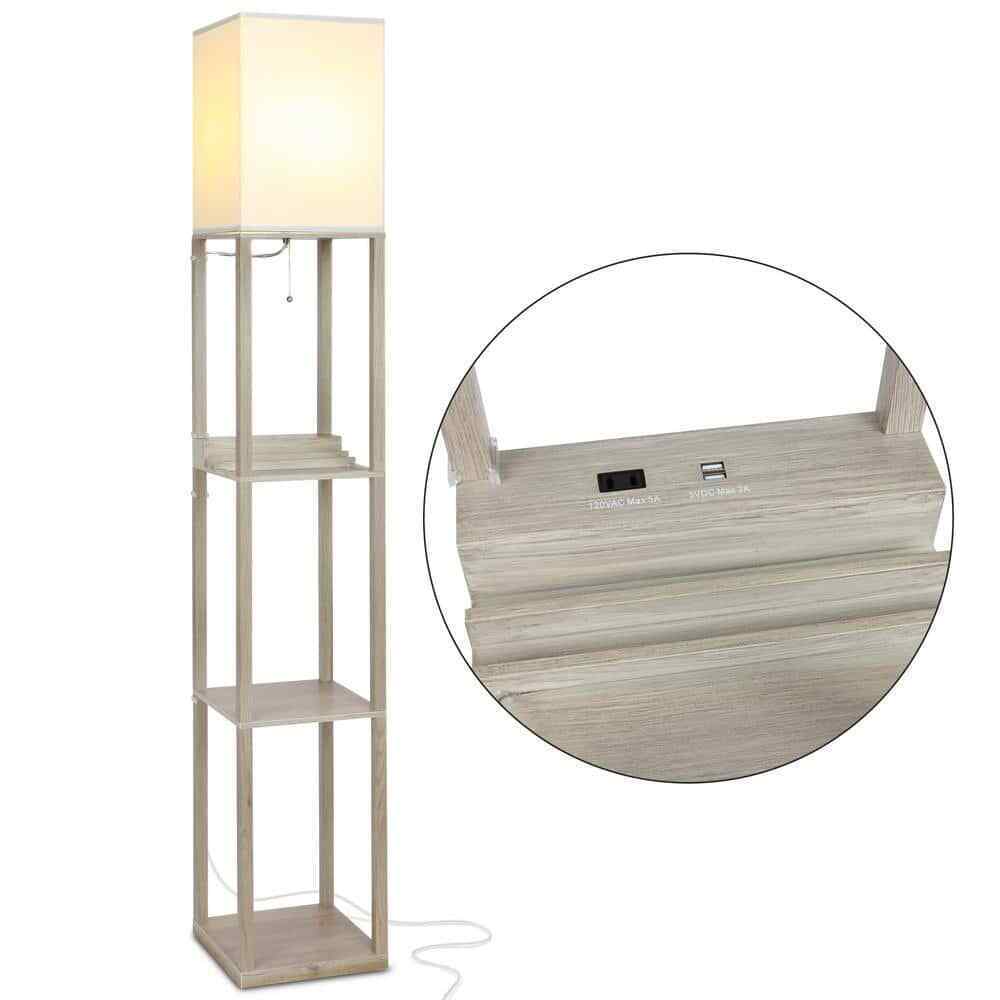 Brightech Maxwell Rustic Wood USB Charging LED Floor Lamp w/ Fabric Square Shade
