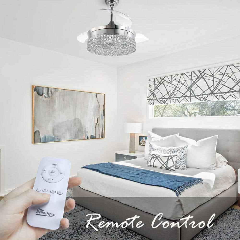 Bella Depot 36 in. LED Indoor Chrome Retractable Crystal Ceiling Fan