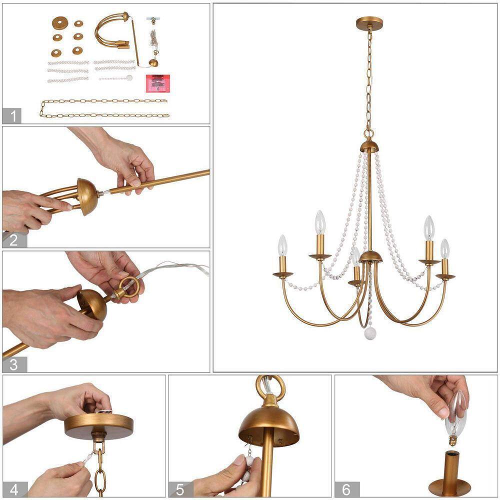 Uolfin Modern Dining Room 5-Light Brushed Gold Candlestick Chandelier