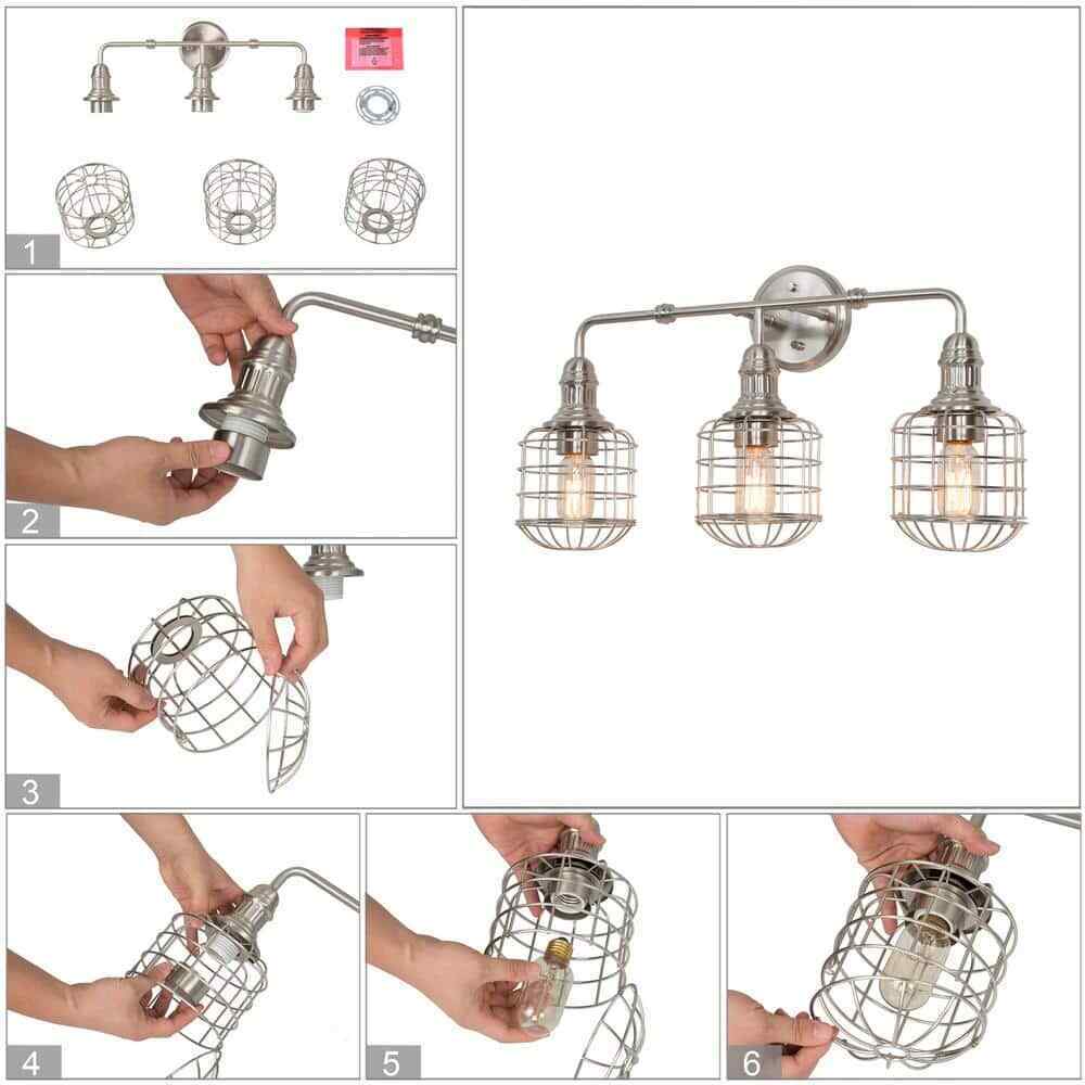 LNC 3-Light Nickel Modern Industrial Cage Silver Linear Wall Sconce Vanity Light