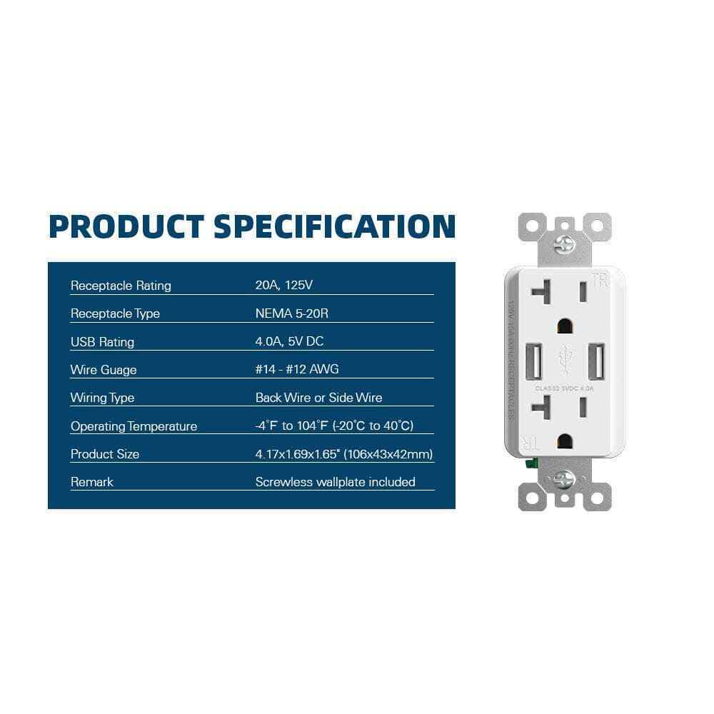 USB Dual Type A In-Wall 20 Amp Duplex Tamper Resistant Outlet White 2-Pack