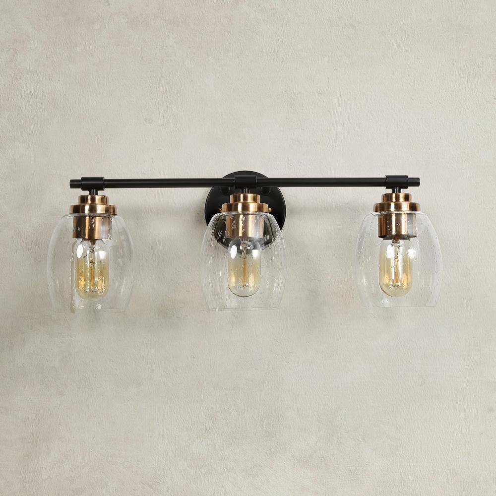 Uolfin Black Vanity Light 24.4 in. 3-Light Brass Gold Bell Vanity w/Seeded Glass