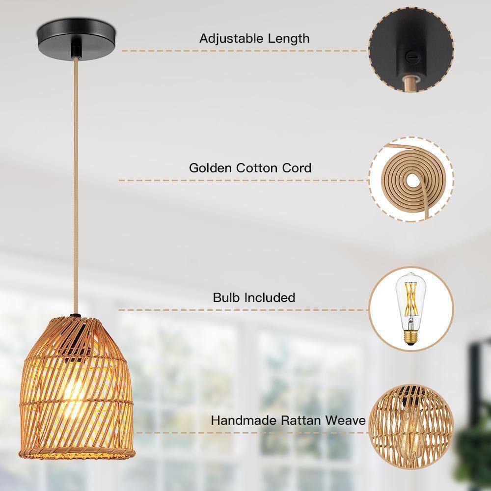 Cinkeda 1-Light Brown Bowl Pendant Light with Natural Rattan Shape DD-79