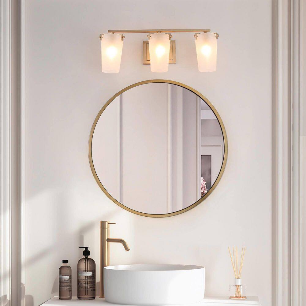 Uolfin 3-Light Farmhouse Gold Bathroom Vanity Light with Frosted Glass Shades