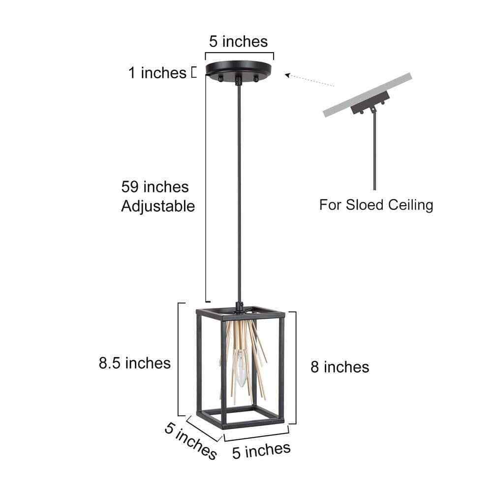 Uolfin Modern Cage Dining Room Pendant Light 1-Light Black and Brass Lantern
