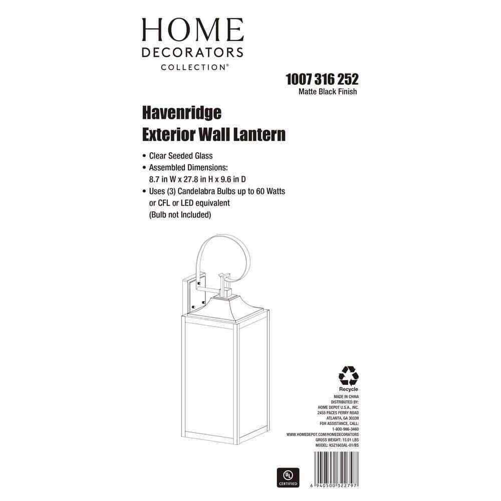 Home Decorators Havenridge 27.8 in. 3-Light Black Hardwired Outdoor Wall Lantern