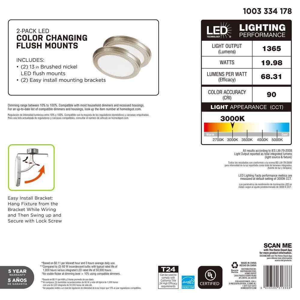 Commercial Electric 13in Brushed Nickel Ceiling Flush Mount Light Fixture 2-Pack