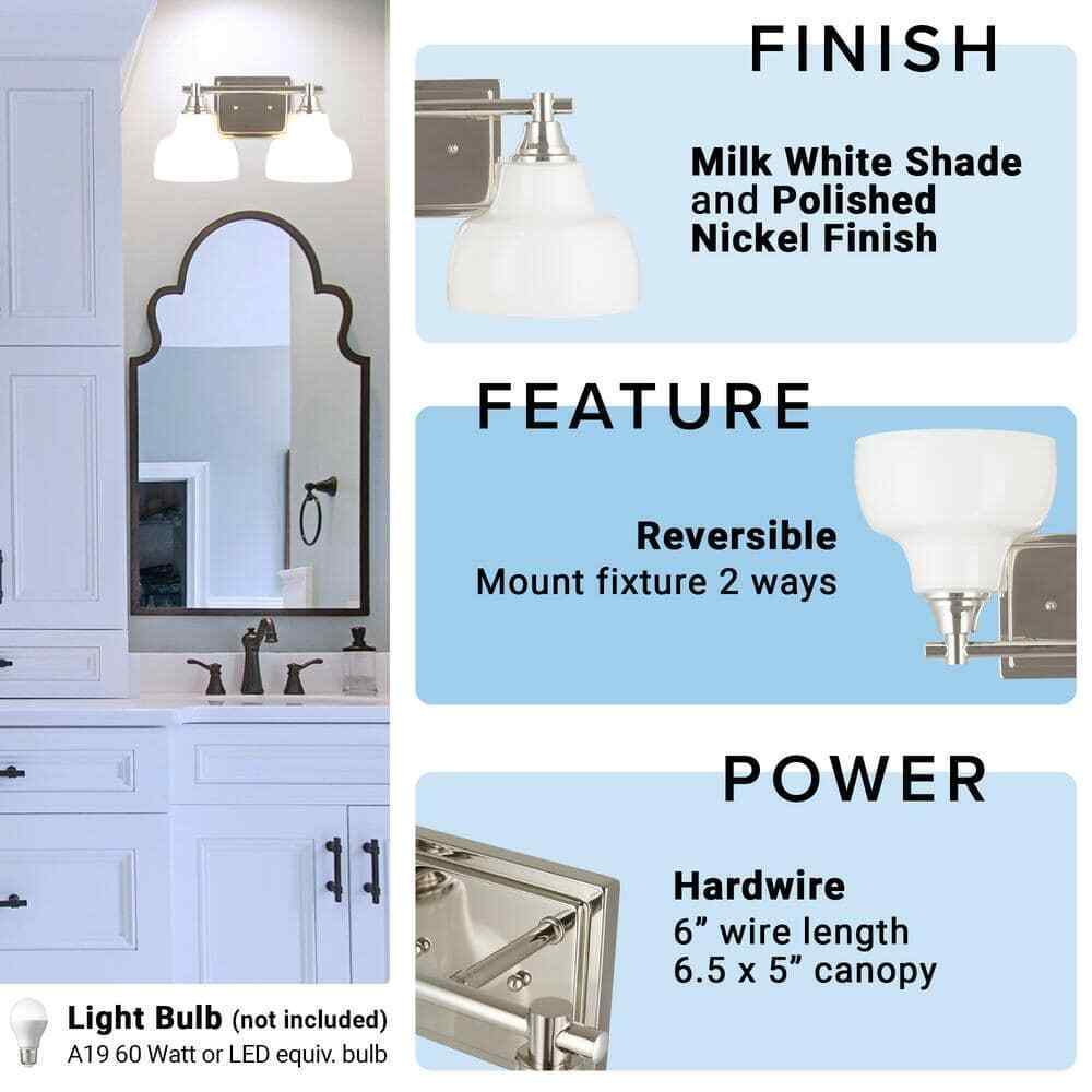 Cresswell 2-Lights Polished Nickel Vanity Light with Milk White Glass Shades