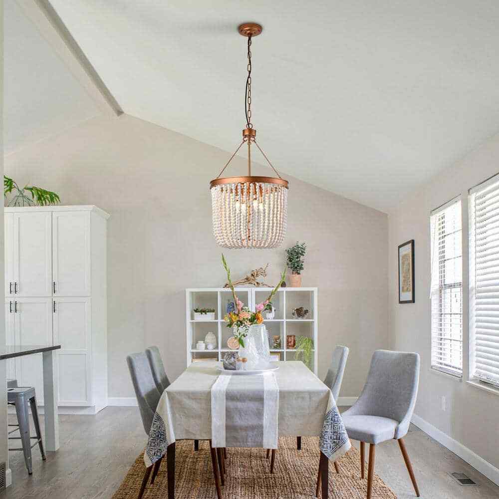 OUKANING 4-Light Gold Retro Farmhouse Beaded Pendant Light with Wood Bead Shade