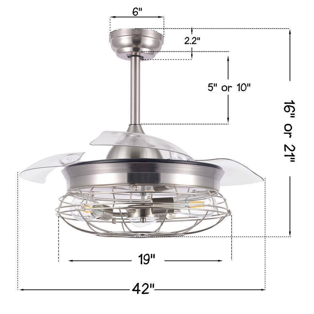 Bella Depot 36 in. LED Brushed Nickel Retractable Ceiling Fan Light and Remote