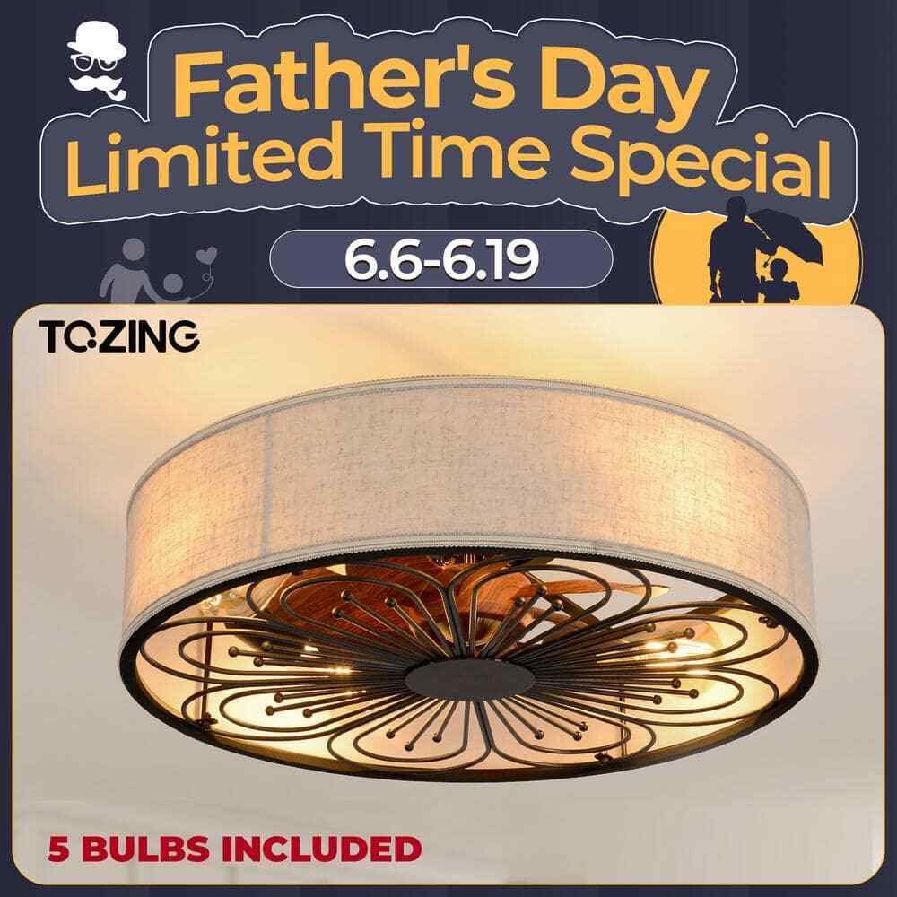 TOZING Indoor Bronze Fabric Farmhouse Flush Ceiling Fan w/ Light Kit and Remote