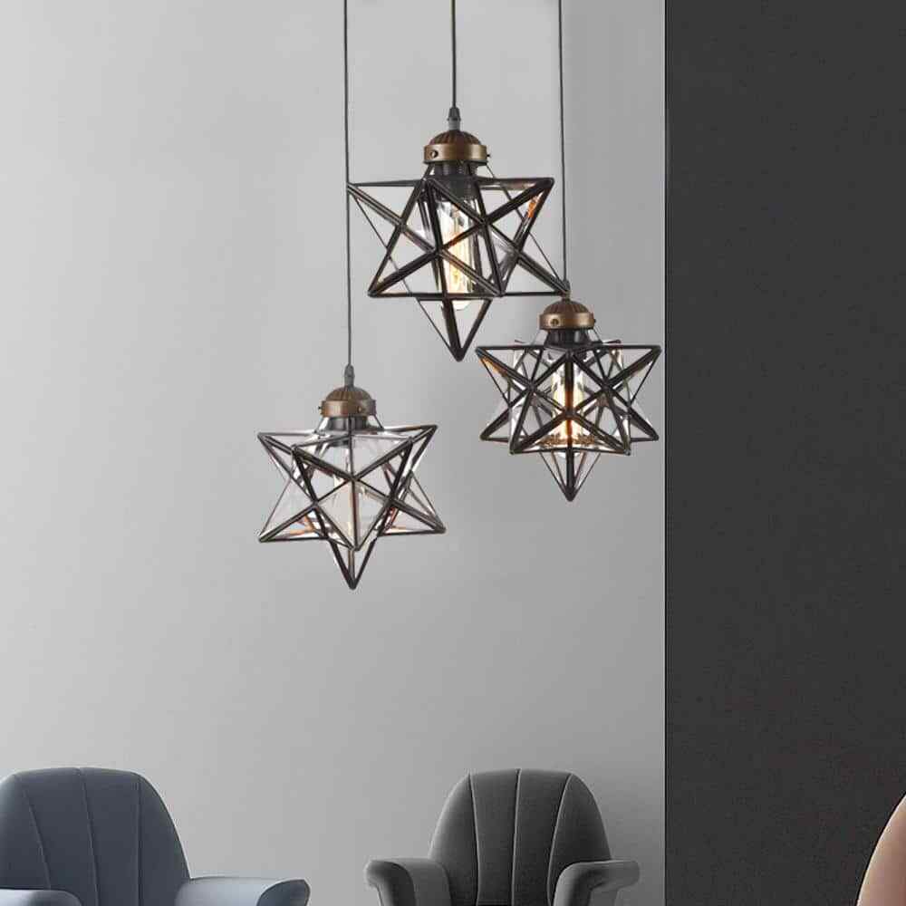 OUKANING 12 in. Brown Antique Moravian Star Pendant Light w/ Metal Glass Shade