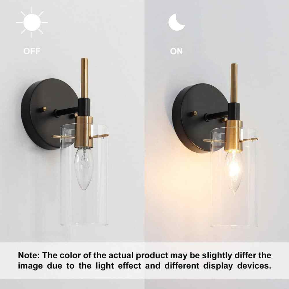 Zevni Modern 1-Light Brass Gold Wall Sconce Black Vanity Clear Glass Shades