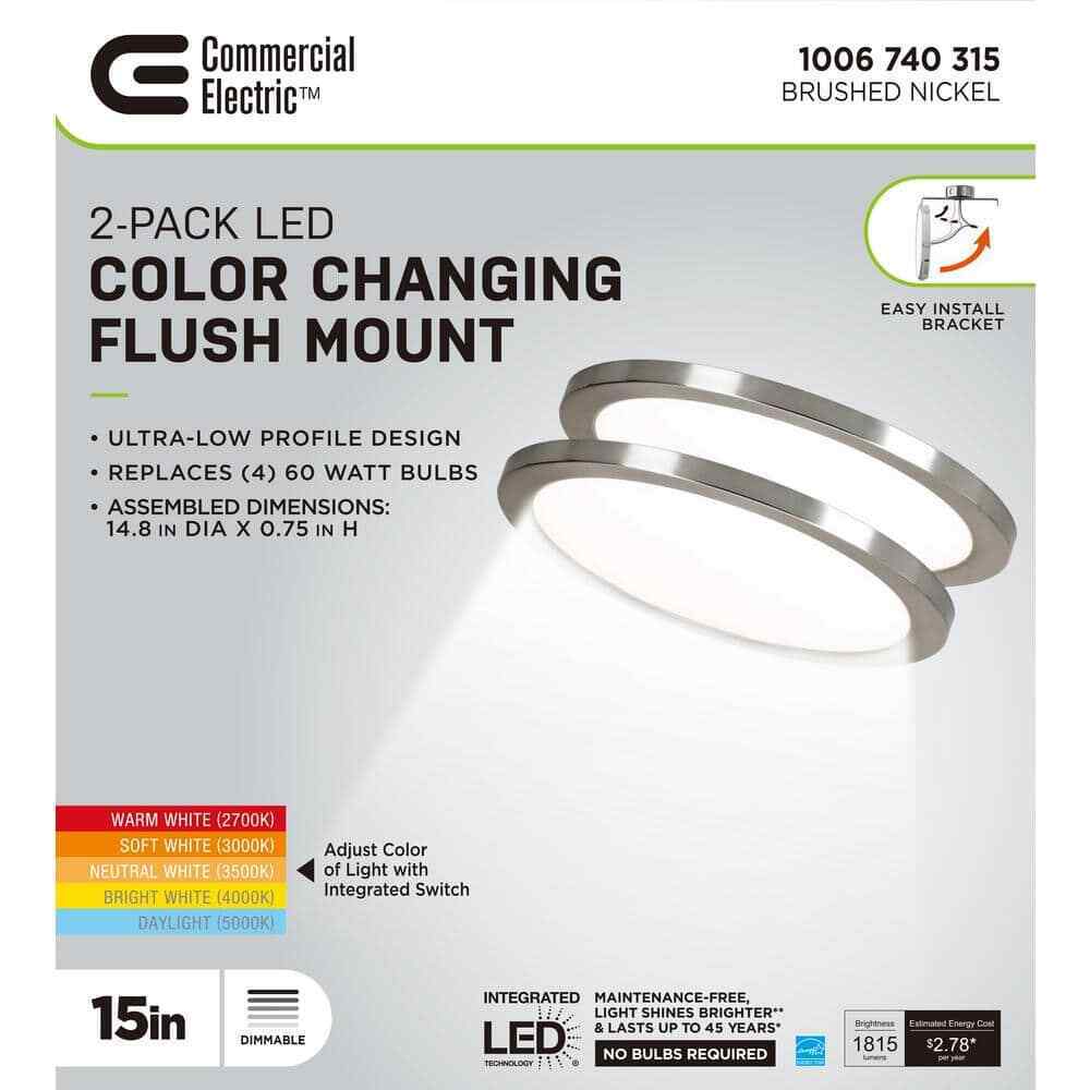 Commercial Electric 15 in. Brushed Nickel Low Profile LED Flush Mount 2-Pack