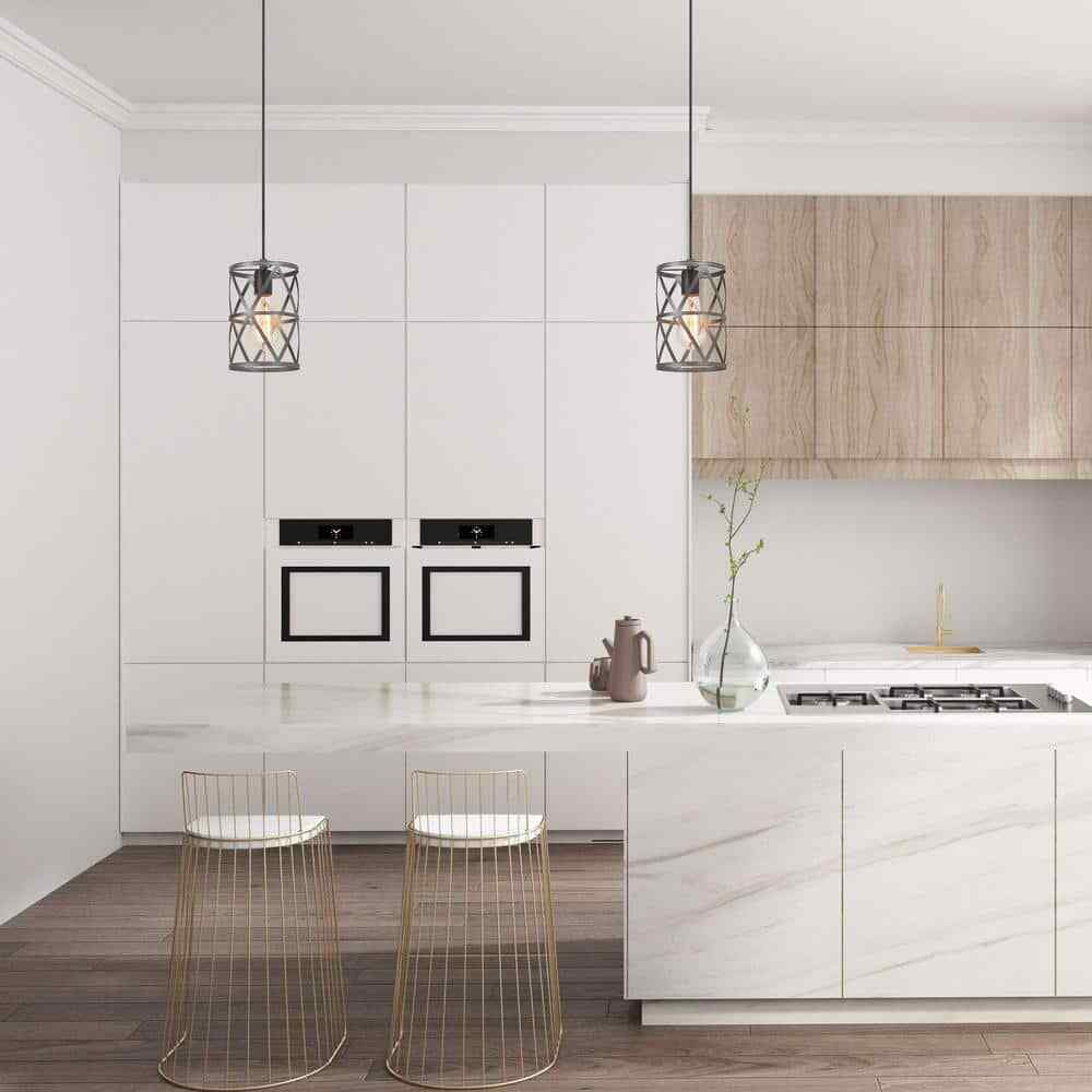 LNC Modern Industrial Brushed Grey Drum Pendant Light with Open Cage Shade