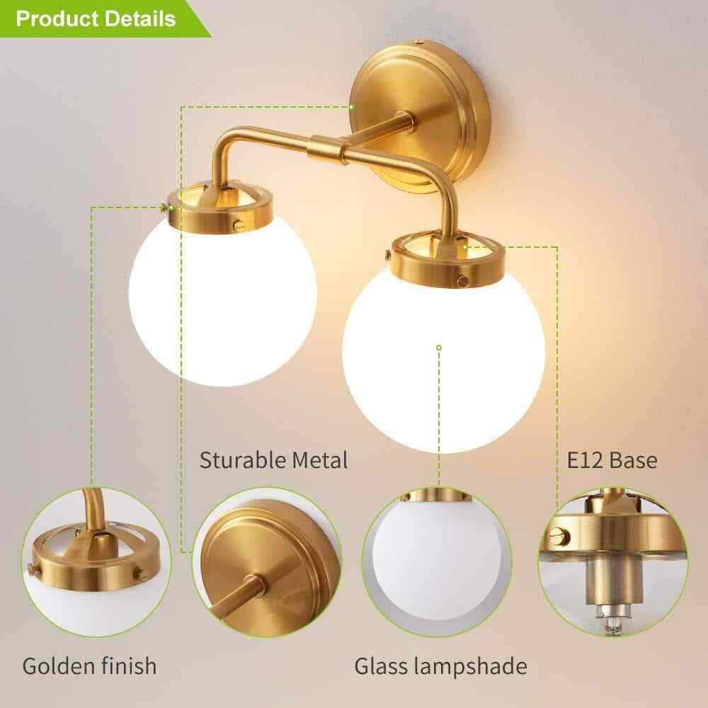 Deyidn 2-Light Gold Bathroom Bathroom Vanity Light w/ Opal Glass Shades