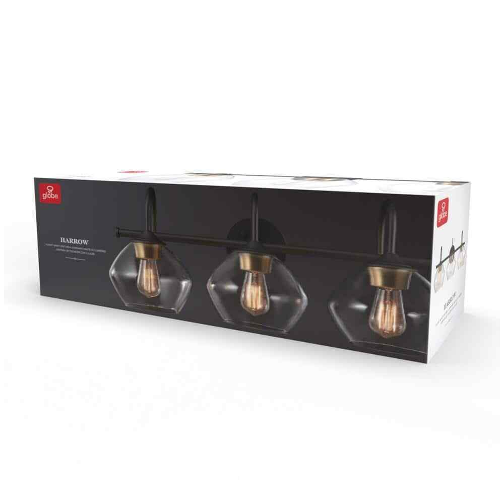 Globe Harrow 26.3 in. 3-Light Dark Bronze Vanity w/Brass Accents and Clear Glass