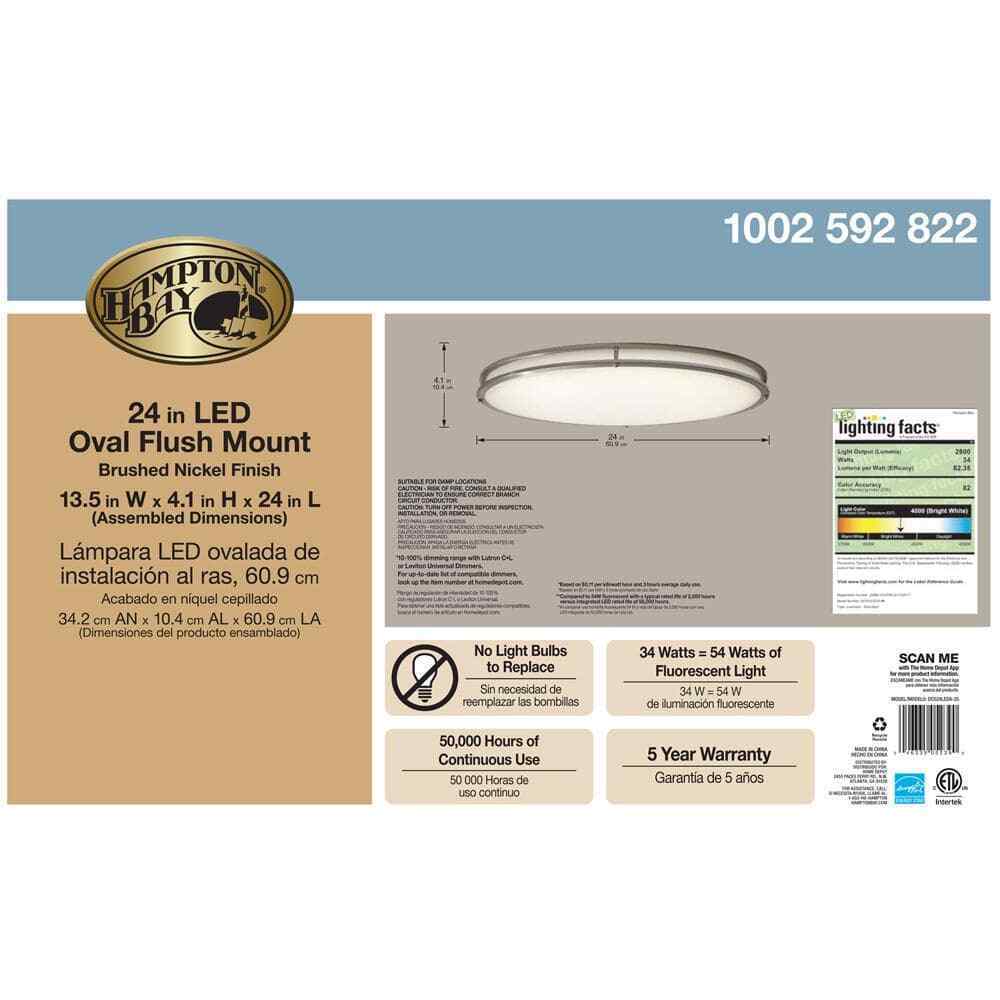 Hampton Bay 24 in. Oval 1-Light Brushed Nickel Dimmable LED Flush Mount