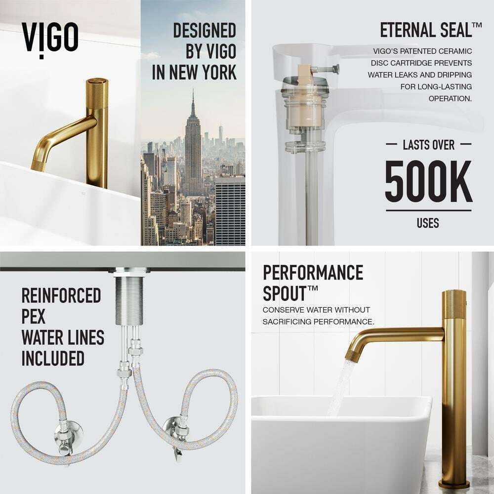 VIGO Apollo Button Operated Single-Hole Bathroom Vessel Faucet Matte Brush Gold