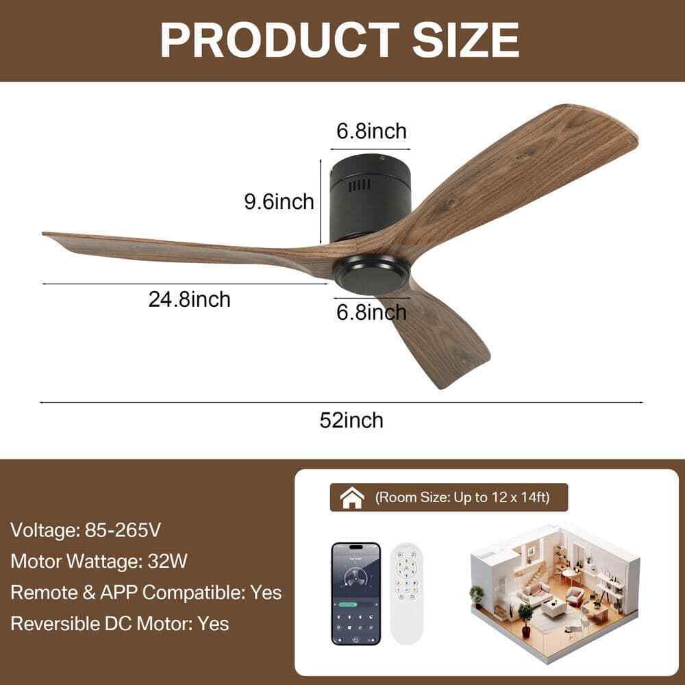 TOZING 52 in. Indoor Industrial Black Wood Windmill Flush Mount Ceiling Fan