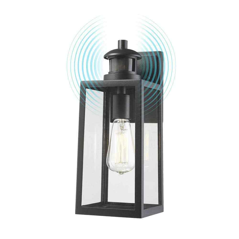 JAZAVA 1-Light Black Dusk to Dawn Motion Sensing Outdoor Lantern Light Sconce