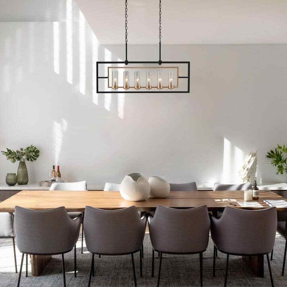 Uolfin Modern Black and Brass Large Linear 37.4" 6-Light Island Chandelier Light
