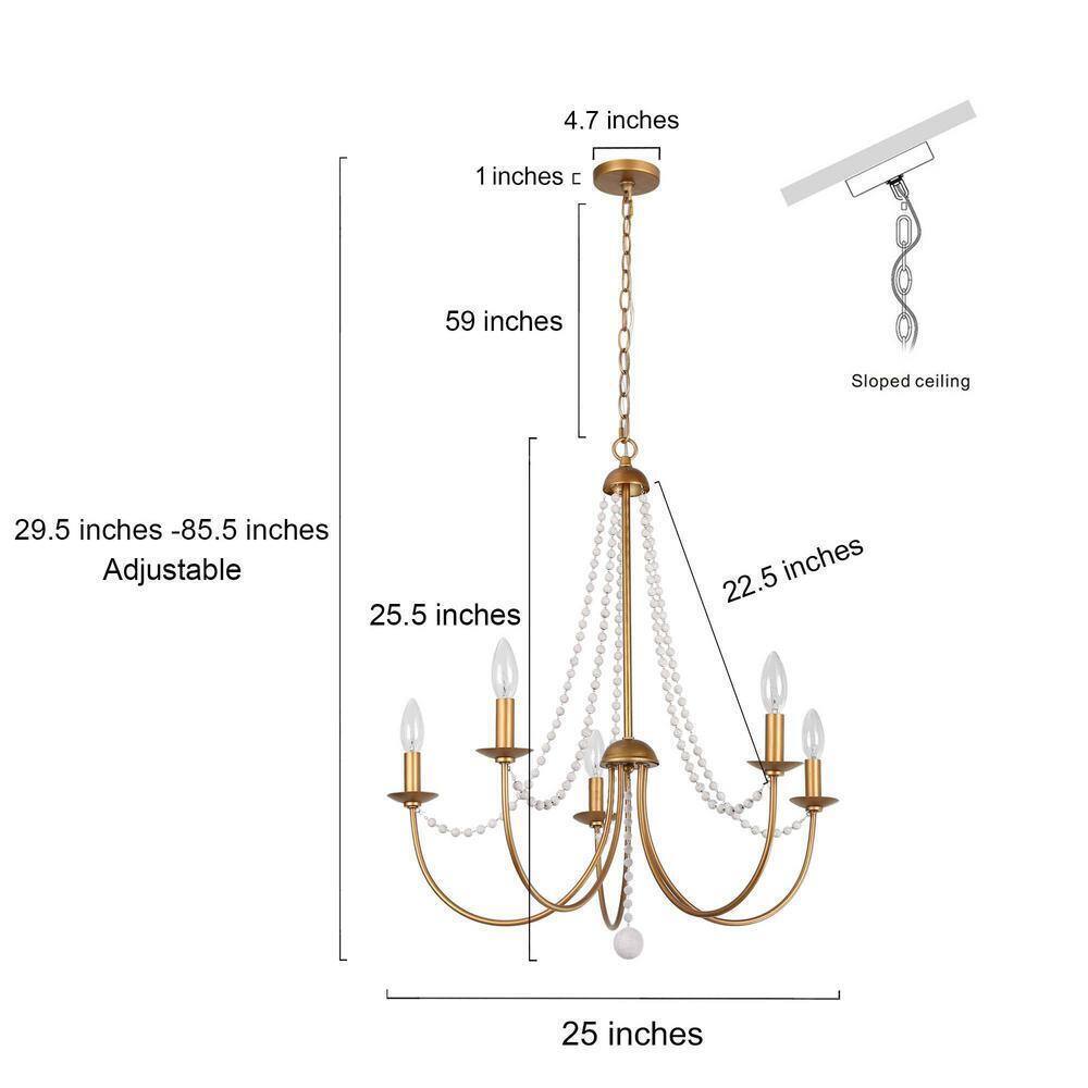 Uolfin Modern Dining Room 5-Light Brushed Gold Candlestick Chandelier