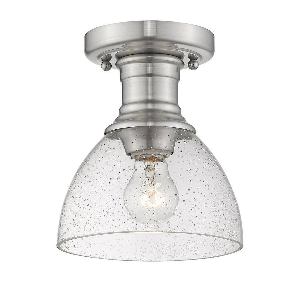 Golden Lighting Hines 1-Light Pewter with Seeded Glass 6.88 in. Semi-Flush-Mount
