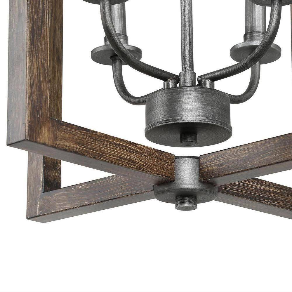 LNC Brown Caged Chandelier Faux Wood 4-Light Brushed Silver