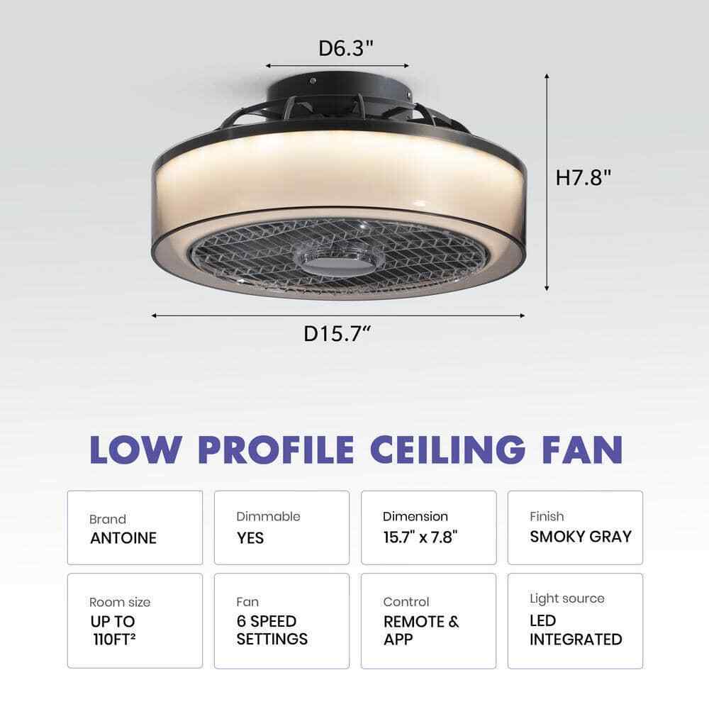 ANTOINE Modern Dimmable LED Indoor Gray Smart Enclosed Ceiling Fan w/ Remote