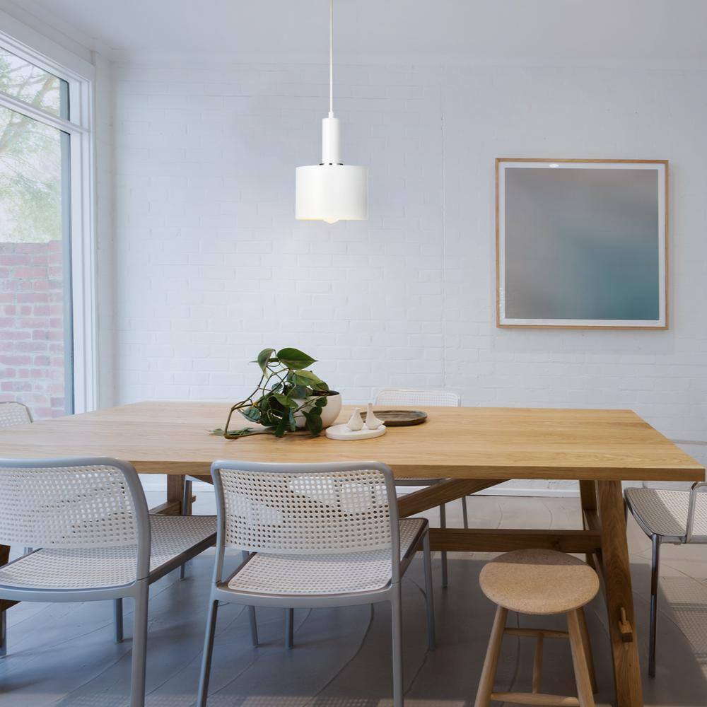 1-Light Matte White Pendant with Metal Shade and Chrome Accent