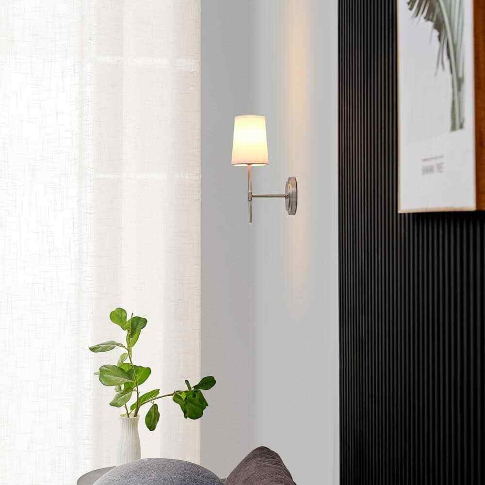 Globe Electric Clarissa 1-Light Brushed Nickel Wall Sconce w/ White Fabric Shade