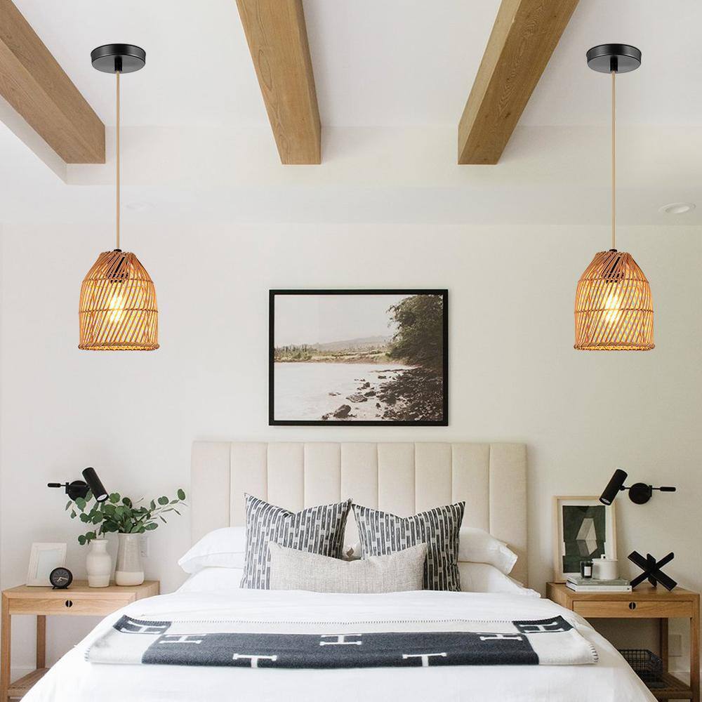 Cinkeda 1-Light Brown Bowl Pendant Light with Natural Rattan Shape DD-79
