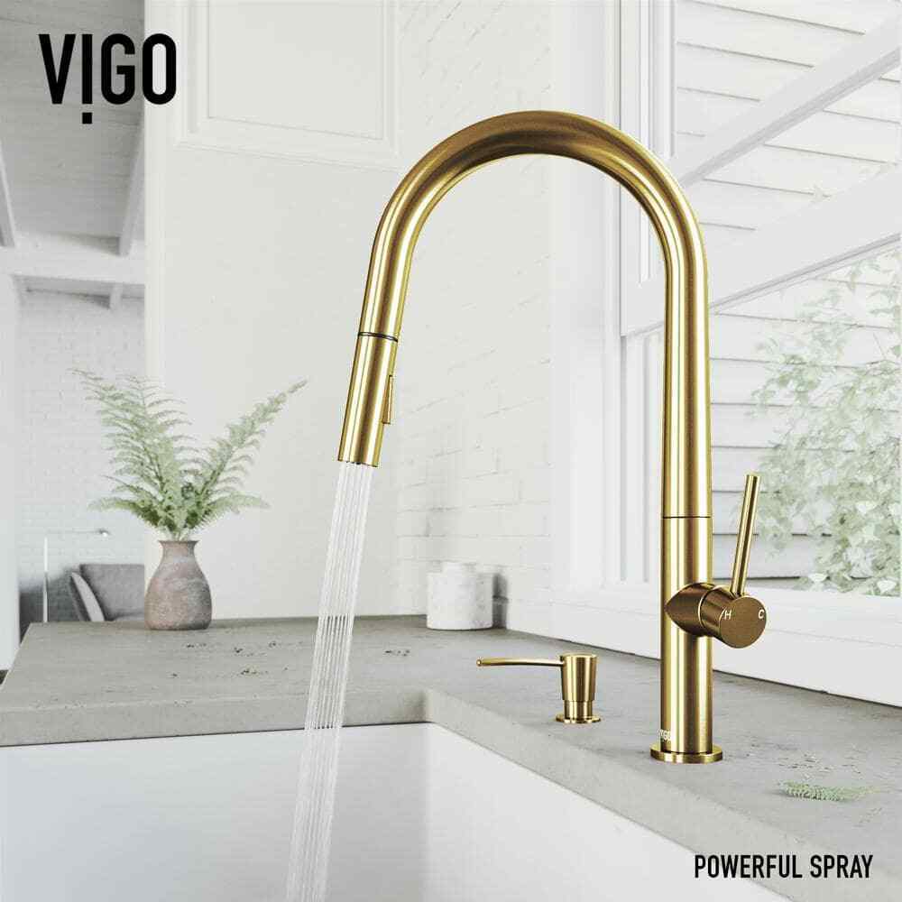 VIGO Greenwich Pull-Down Sprayer Kitchen Faucet w/ Soap Dispenser Brushed Gold