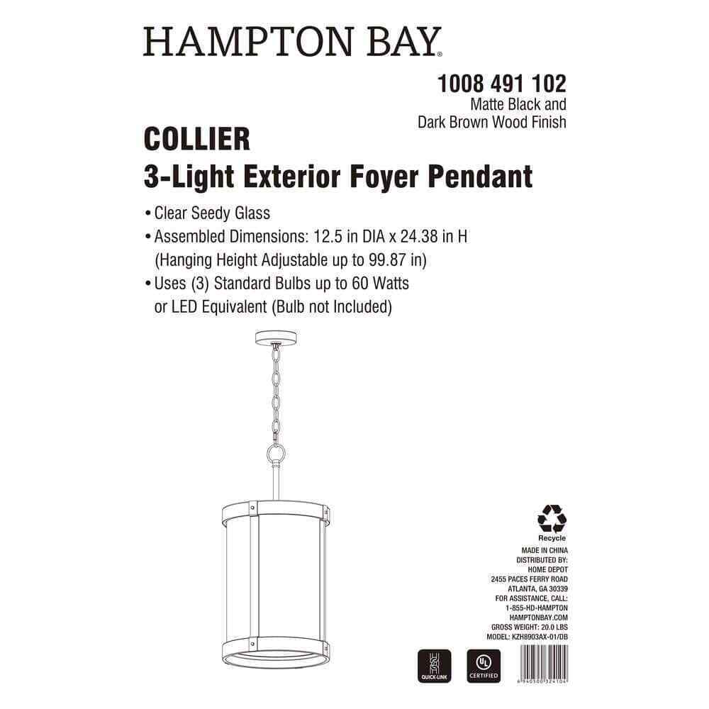 Hampton Bay Collier 3-Light Matte Black and Darker Brown Outdoor Pendant Light