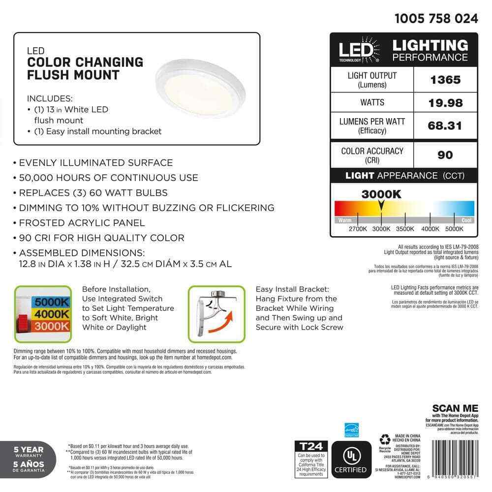 Commercial Electric 13 in. White Selectable LED Flush Mount JJU3011L-2/WHT