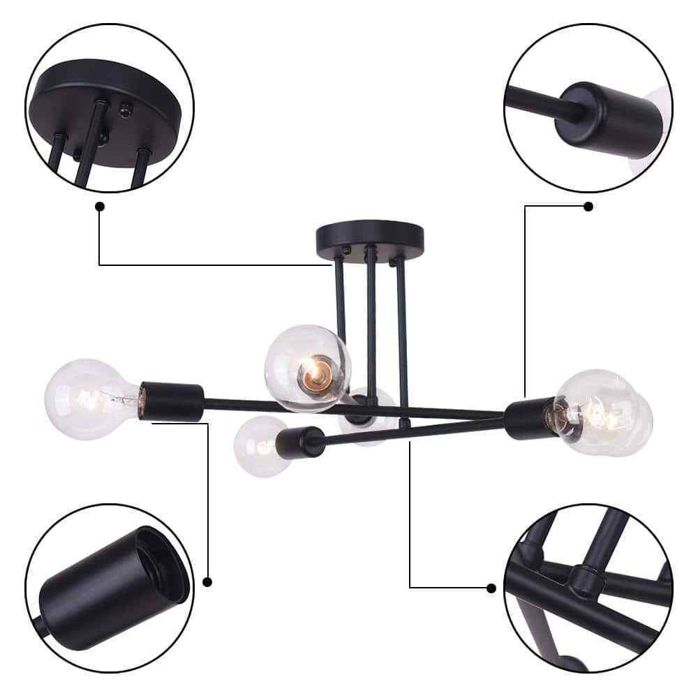 RRTYO Highlandville 23.62 in. 6-Light Black Sputnik Semi-Flush Mount