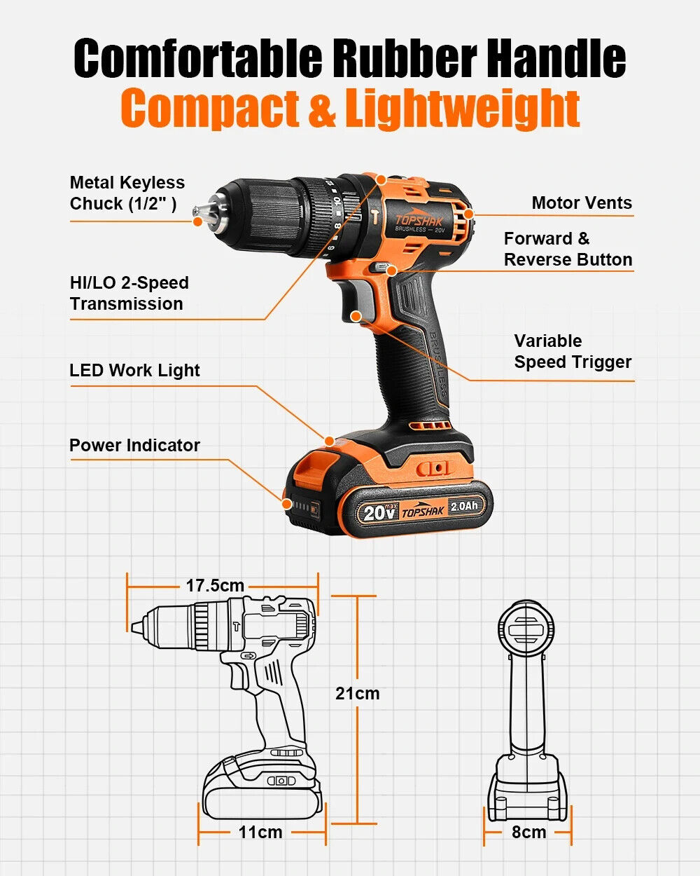 TOPSHAK TS-ED5 20V Li-Ion 1/2 in. Brushless Impact Electric Drill Variable Speed