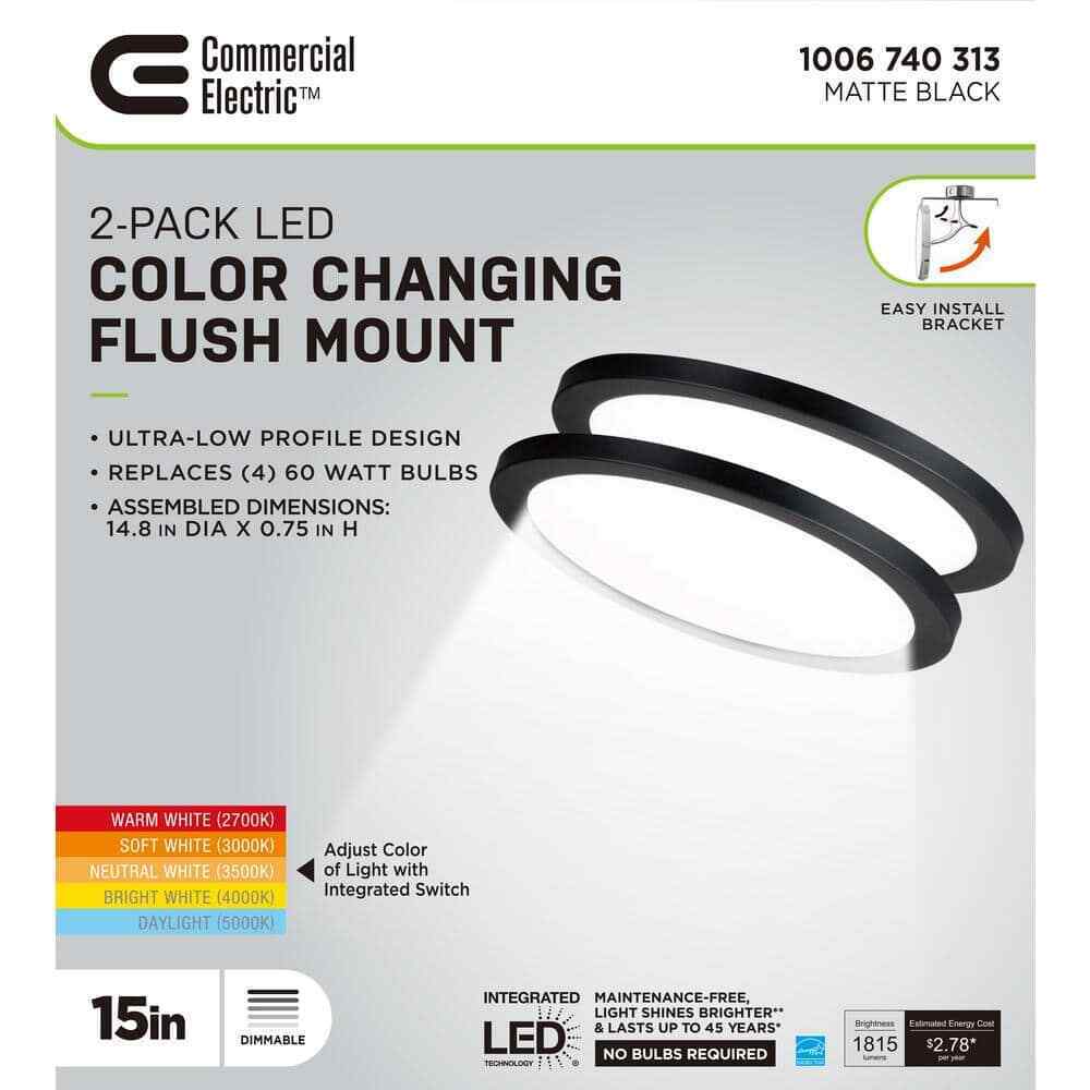 Commercial Electric 15 in. Black Ultra-Low Profile LED Flush Mount 5CCT 2-Pack