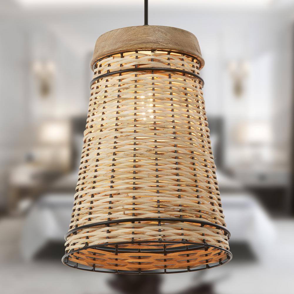 River of Goods Soren 1-Light Tan Hanging Pendant Metal/Wood/Rattan Empire Shaded