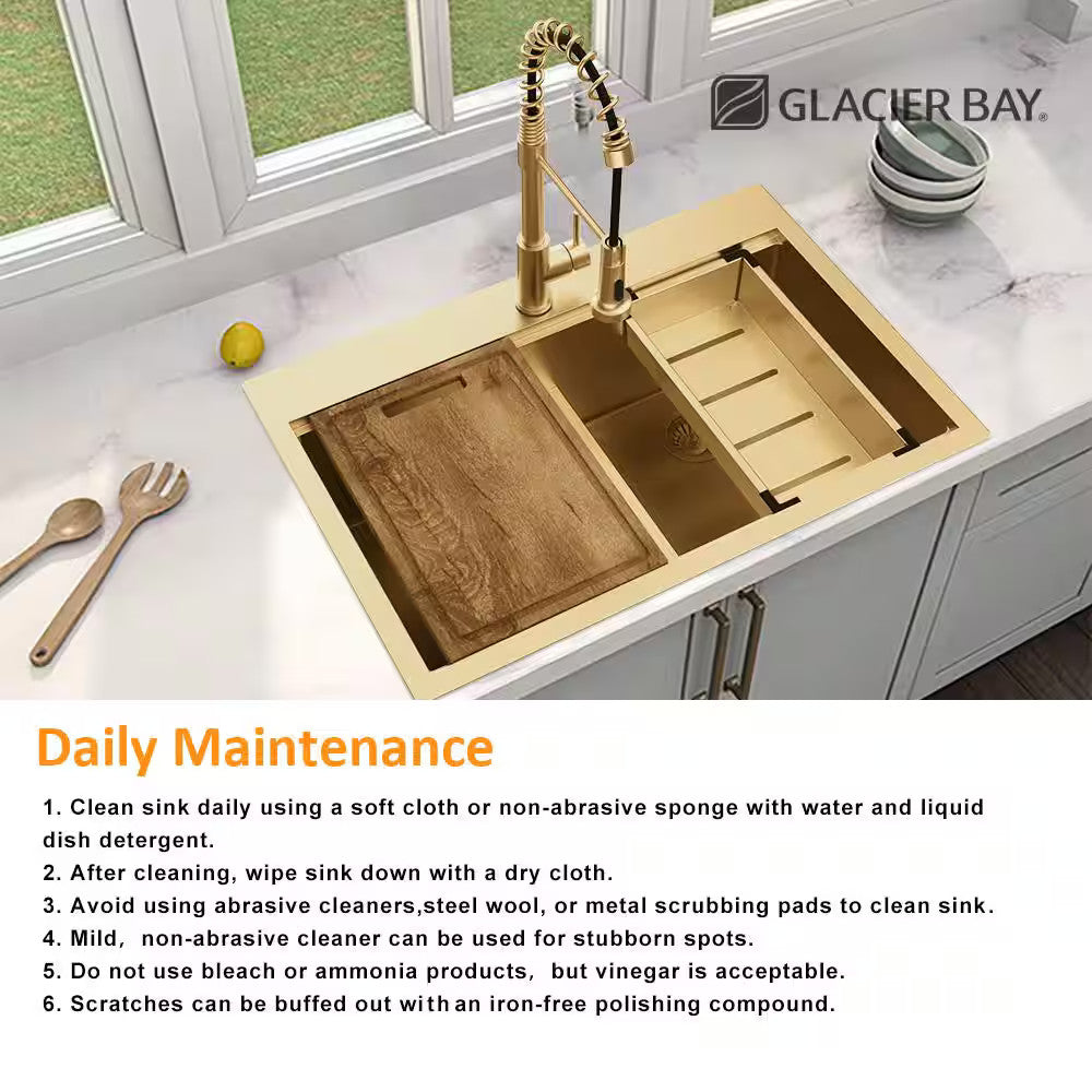 32" Undermount Gold Stainless Steel Workstation Kitchen Sink with Accessories