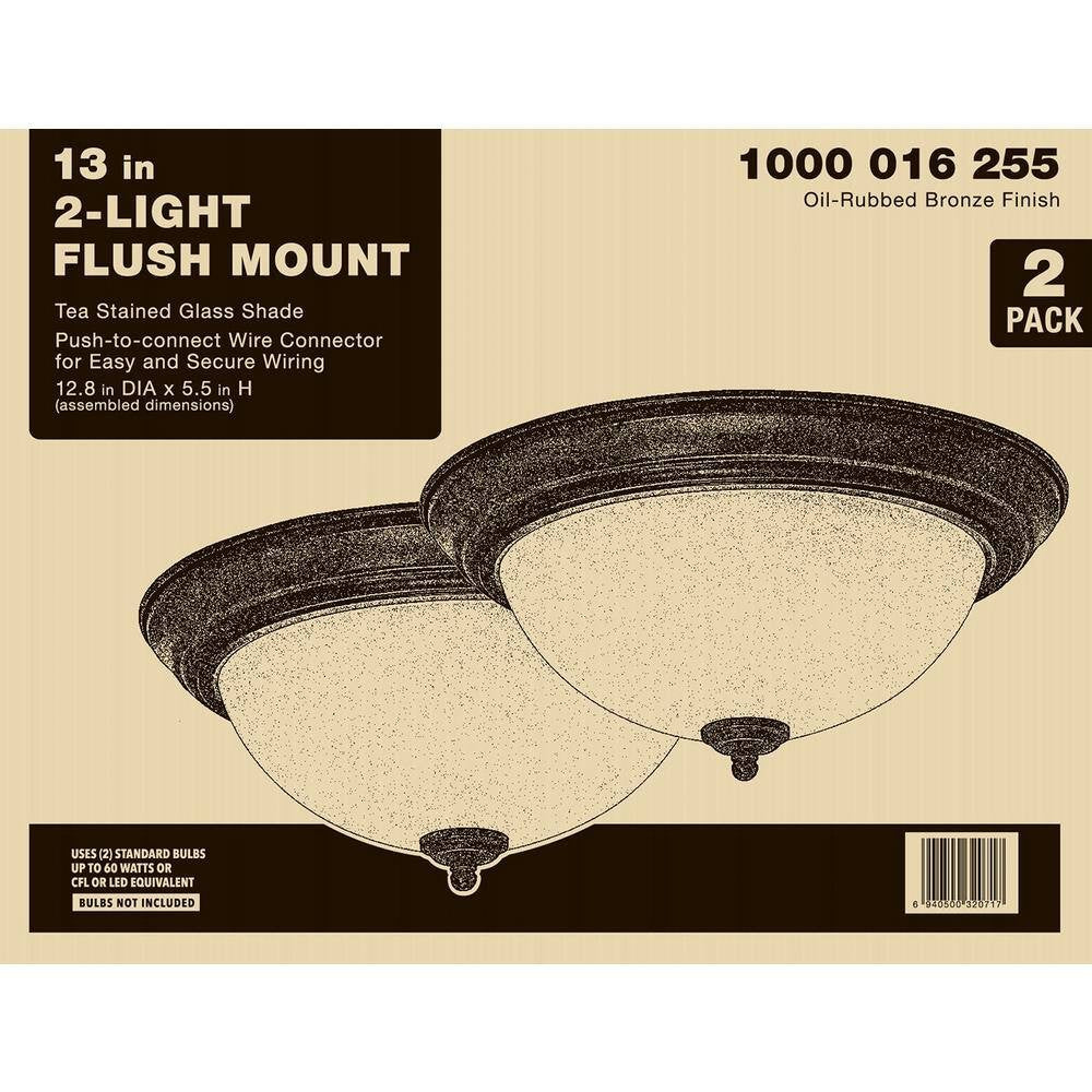 12.75 in. 2-Light Bronze Flush Mount Ceiling Light w/Tea-Stained Glass (2-Pack)