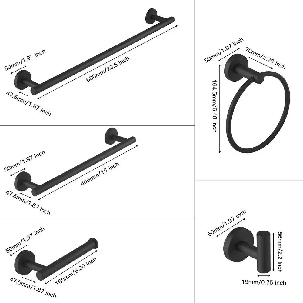 BWE 6-Piece Modern Bath Set w/ Towel Ring, Toilet Paper Holder, Bar, Matte Black