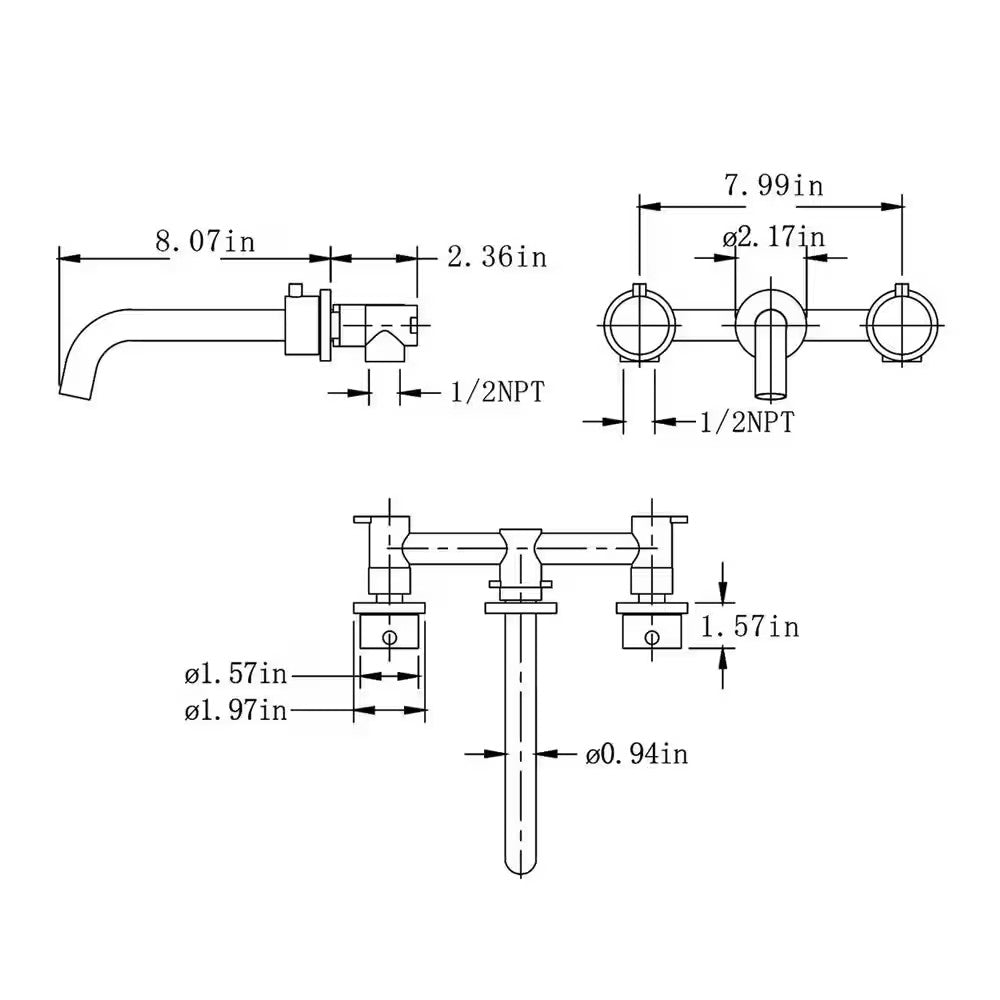 AIMADI Double Handle Wall Mounted Bathroom Faucet with Modern 3-Hole Brass Basin
