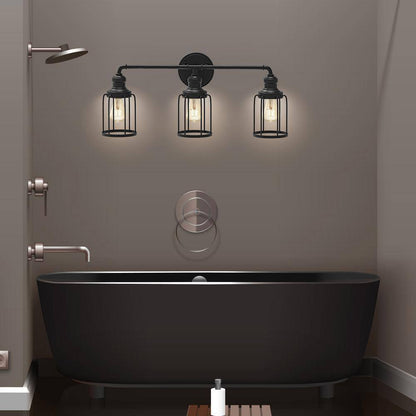 Cedar Hill 24 in. 3-Light Black Industrial Vanity with Metal Cage Wall Sconce