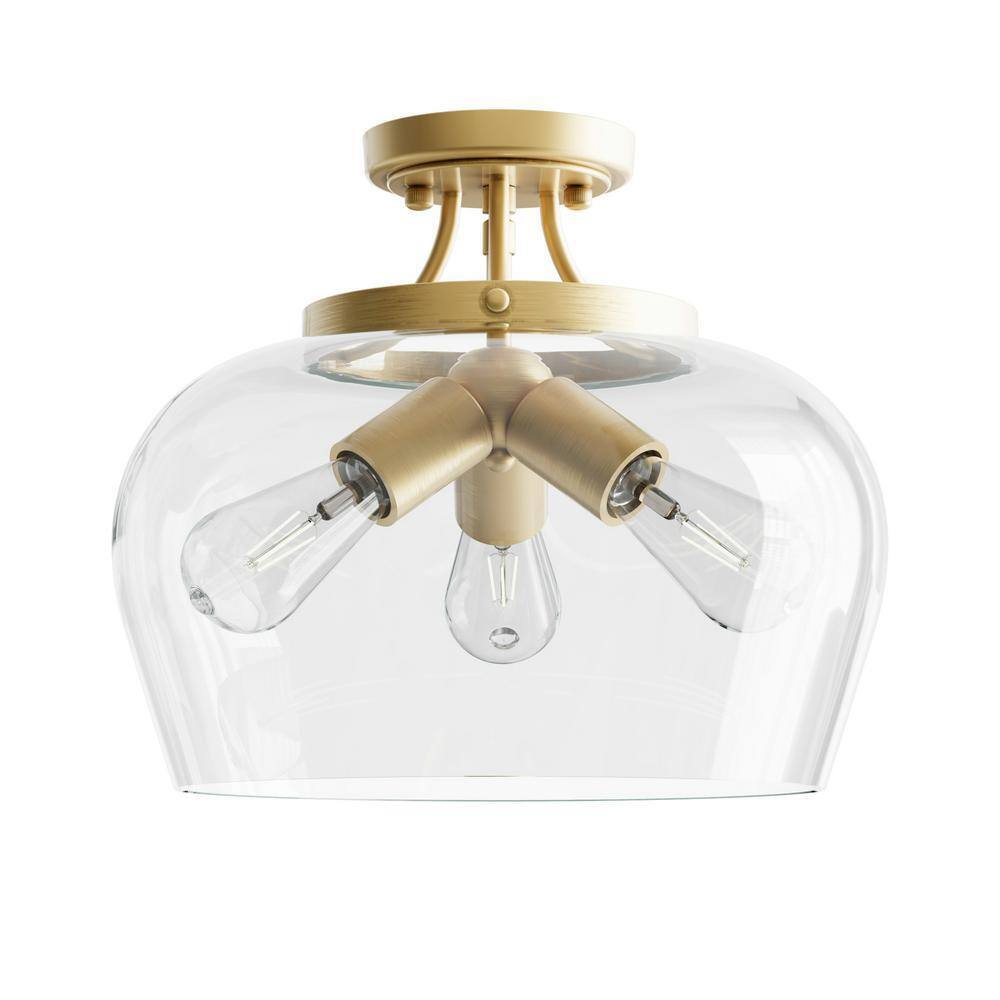 Merra 11 in. 3-Light Antique Brass Semi-Flush Mount Ceiling Light w/ Glass Shade
