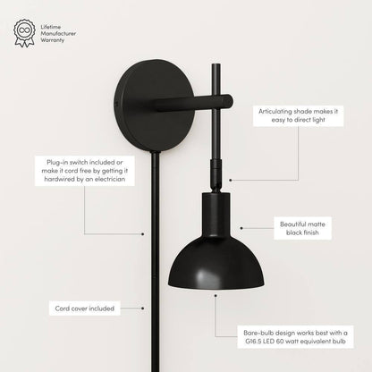 Nathan James Tamlin 5 in. W Matte Black Wall Sconce Plug In Lamp Light Fixture