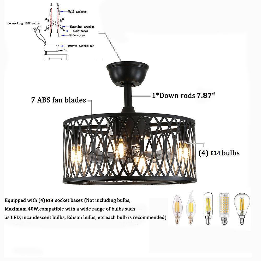 OUKANING Black Metal Caged Vintage Ceiling Fan w/ Light Kit and Remote Control